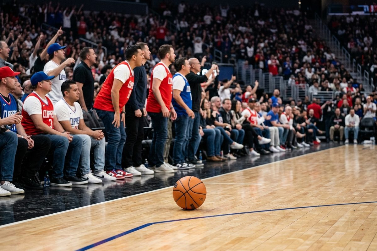 A basketball rests on the hardwood near the baseline at Intuit Dome in Inglewood as fans in red and blue stand in the lower bowl during a Clippers night game.