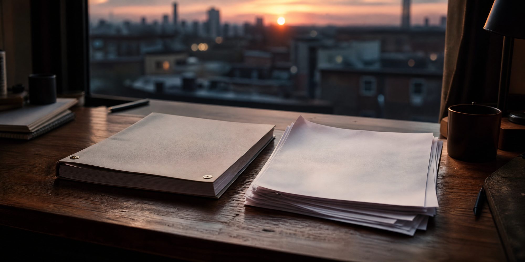 A bound script and a stack of loose pitch pages resting on a wooden desk at dusk, the top page's title block blank and out of focus.