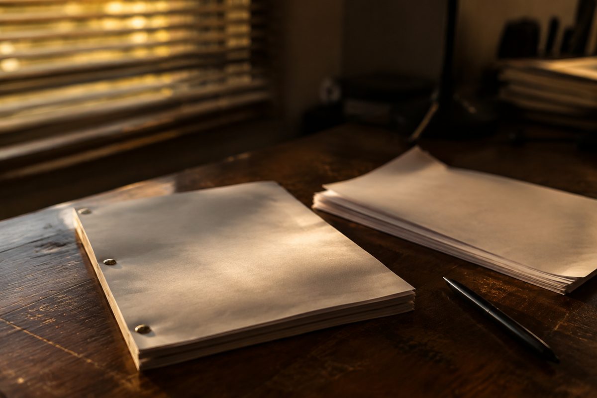 A bound script and a stack of loose pitch pages resting on a wooden desk at dusk, the top page's title block blank and out of focus.
