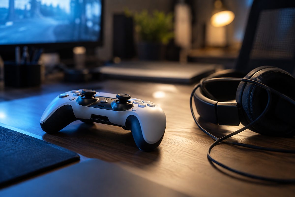 Close macro of a game controller left on an emptied desk beside a coiled headset cable, lit by the glow of an off-frame monitor.