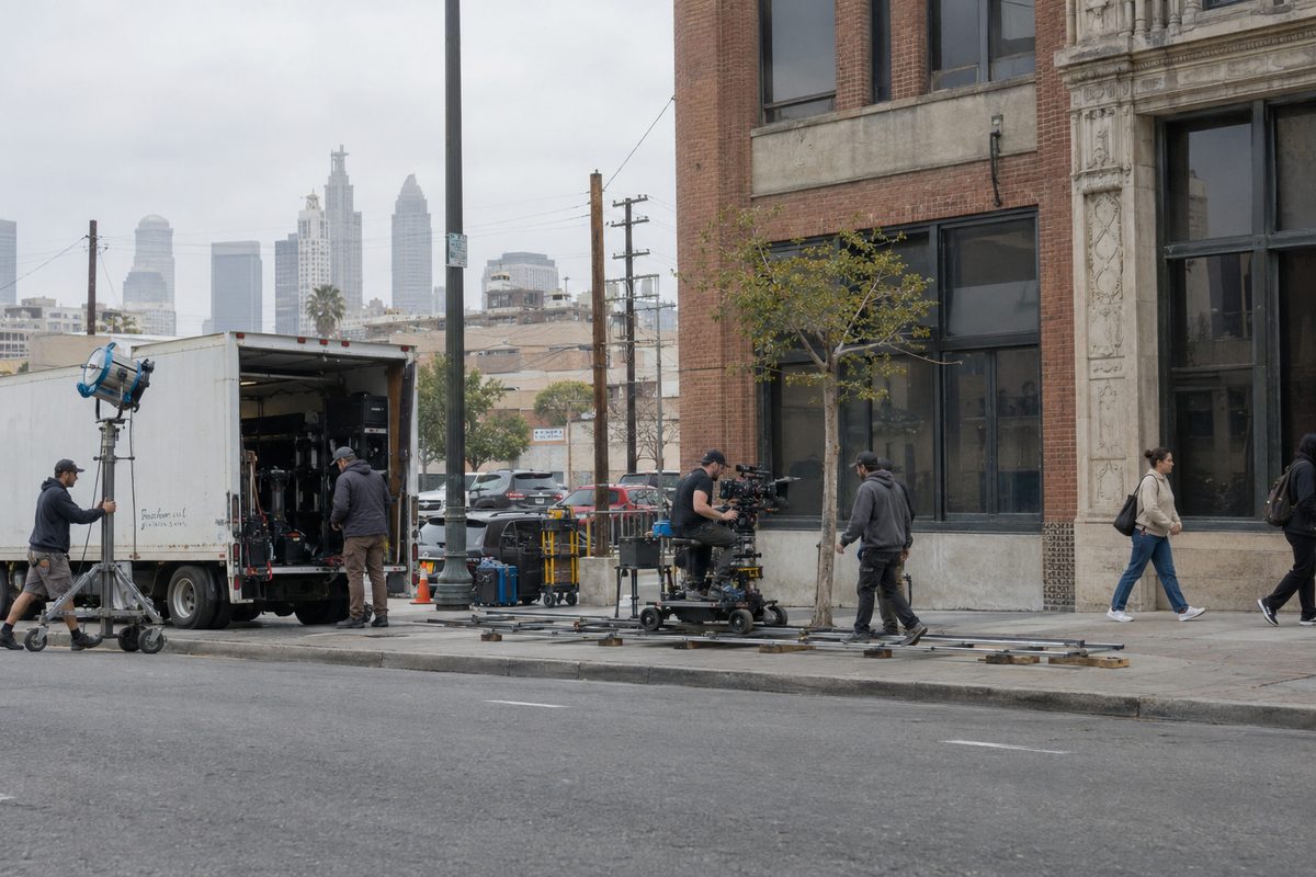 A film crew sets up lights and a camera dolly on a downtown Los Angeles sidewalk while pedestrians pass, illustrating a story about Xbox's new XP film and TV division.