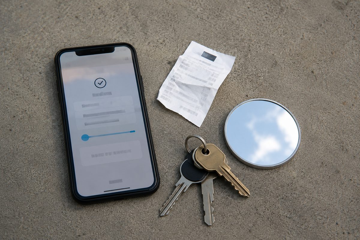 Overhead flat-lay on concrete: a phone showing an unreadable timed-entry ticket screen, a parking validation stub and a small mirrored disc catching daylight.