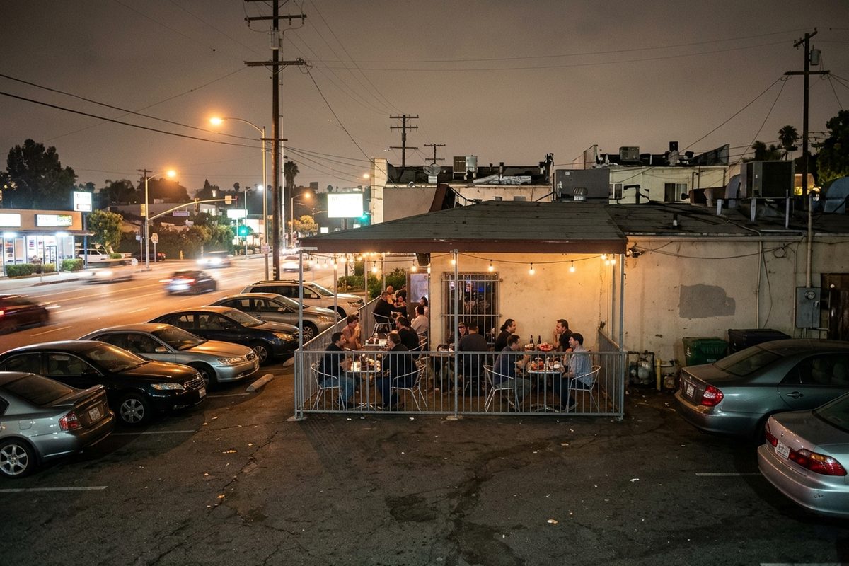 Patrons seen from behind at tables on a small strip-mall bar patio along Hillhurst Avenue in Los Feliz at night.