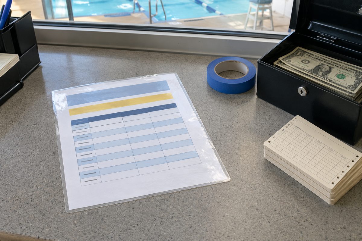Photo illustration: overhead flat-lay on a municipal pool office counter - a laminated fall hours sheet with a date range typed on it, a roll of blue tape, a cash box holding single dollar bills, a stack of punch cards; neutral daylight, no people, no faces, no seasonal decoration