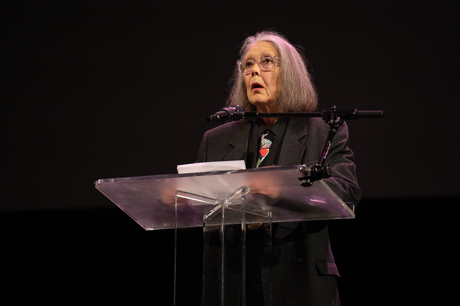 Anne Carson, poet, at the 2024 National Book Awards finalist reading in the NYU Skirball Center.