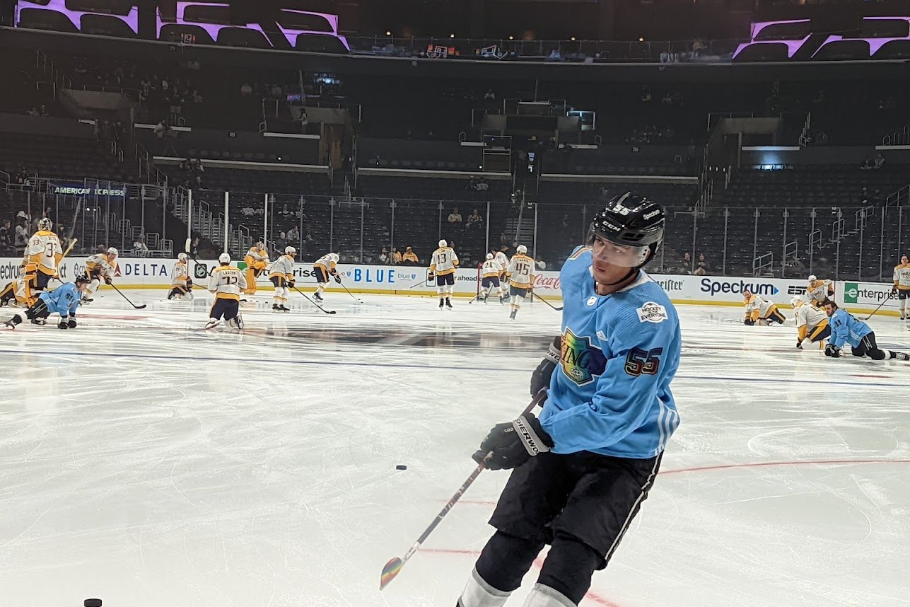 Quinton Byfield skating during warmups on LA Kings Pride night for the 2021-2022 season.