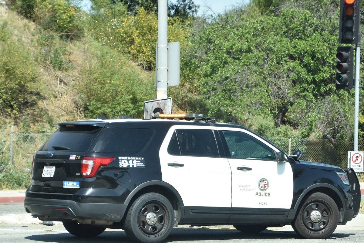 A black-and-white LAPD Ford Police Interceptor Utility parked at an intersection beside a brush-covered slope and a chain-link fence, under hard midday sun.
