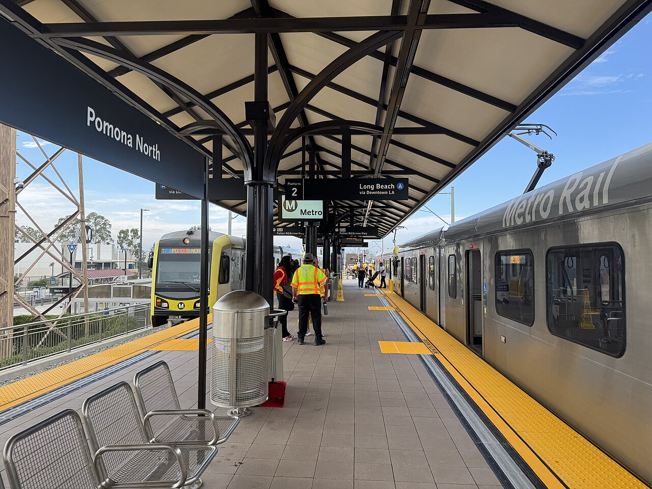 A Metro rail platform at Pomona North station, the outer end of the A Line, with the canopy and platform edge in daylight