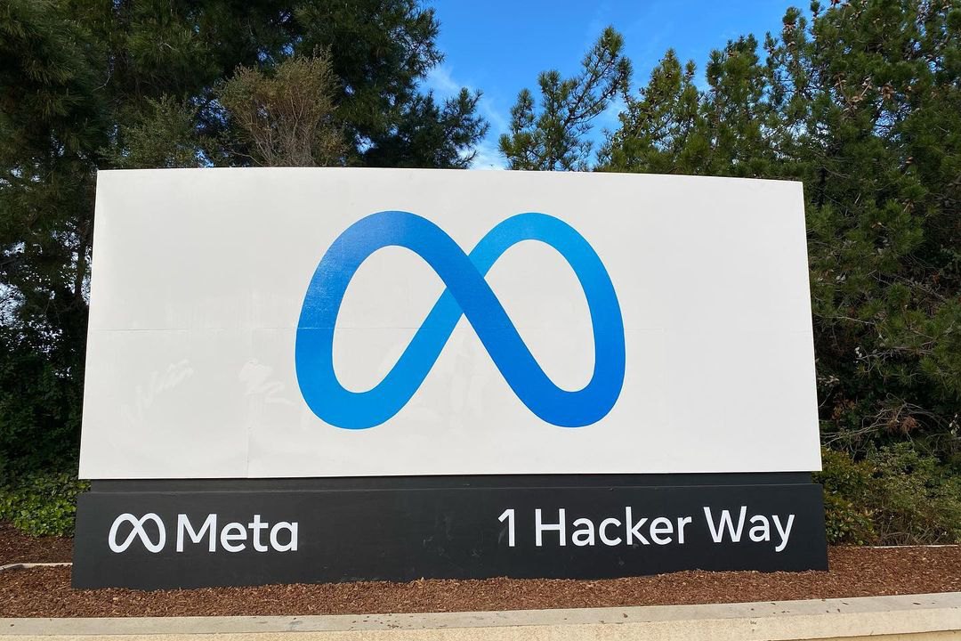Entrance sign at Meta's headquarters complex in Menlo Park, California, photographed in May 2022.