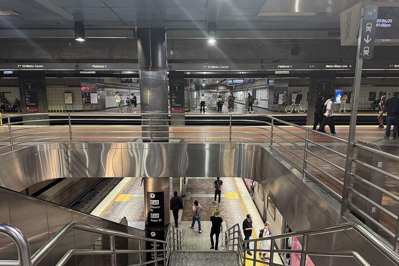 Riders on both platform levels at the 7th Street/Metro Center station in downtown Los Angeles, photographed in July 2025.