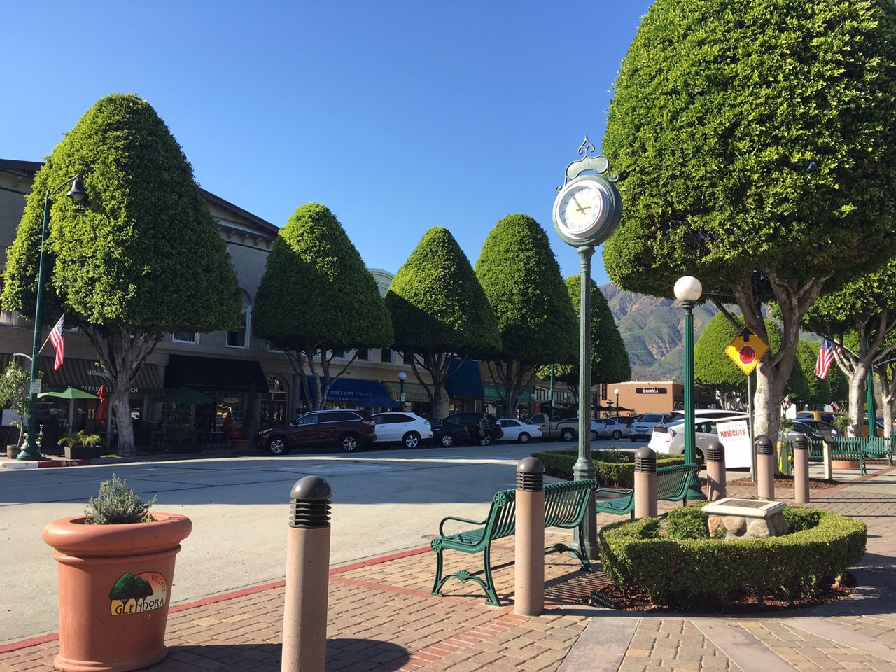 Downtown Glendora's main street under its ficus trees