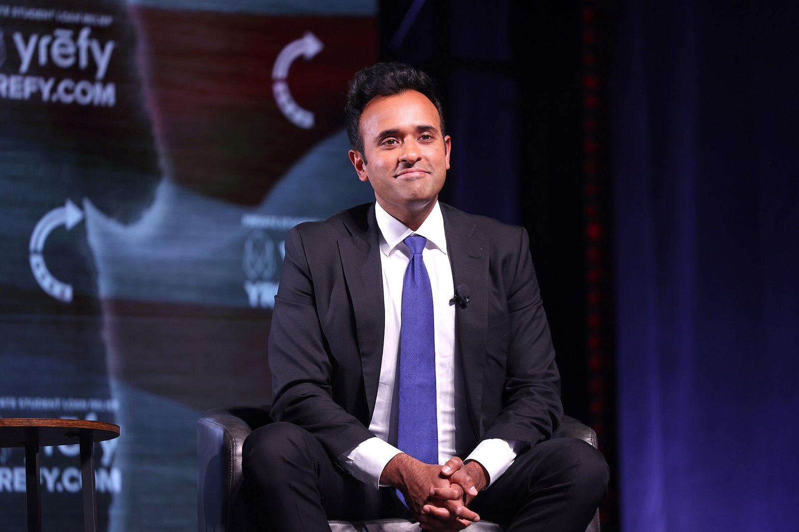 Vivek Ramaswamy speaking with attendees at the Ohio State University tour stop of the "This Is The Turning Point" tour at Mershon Auditorium in Columbus, Ohio, in April 2026.