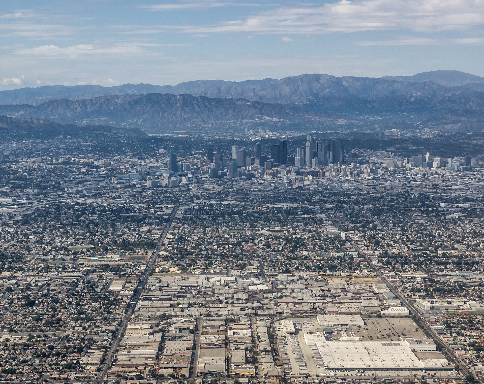 Aerial view of the Los Angeles street grid and downtown skyline
