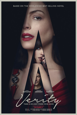A movie poster titled 'Verity' with a woman's face with red lipstick in a dark silhouette cut-out, a smaller figure inside, the printed names Anne Hathaway, Dakota Johnson and Josh Hartnett, the tagline 'There is no light where we're going'