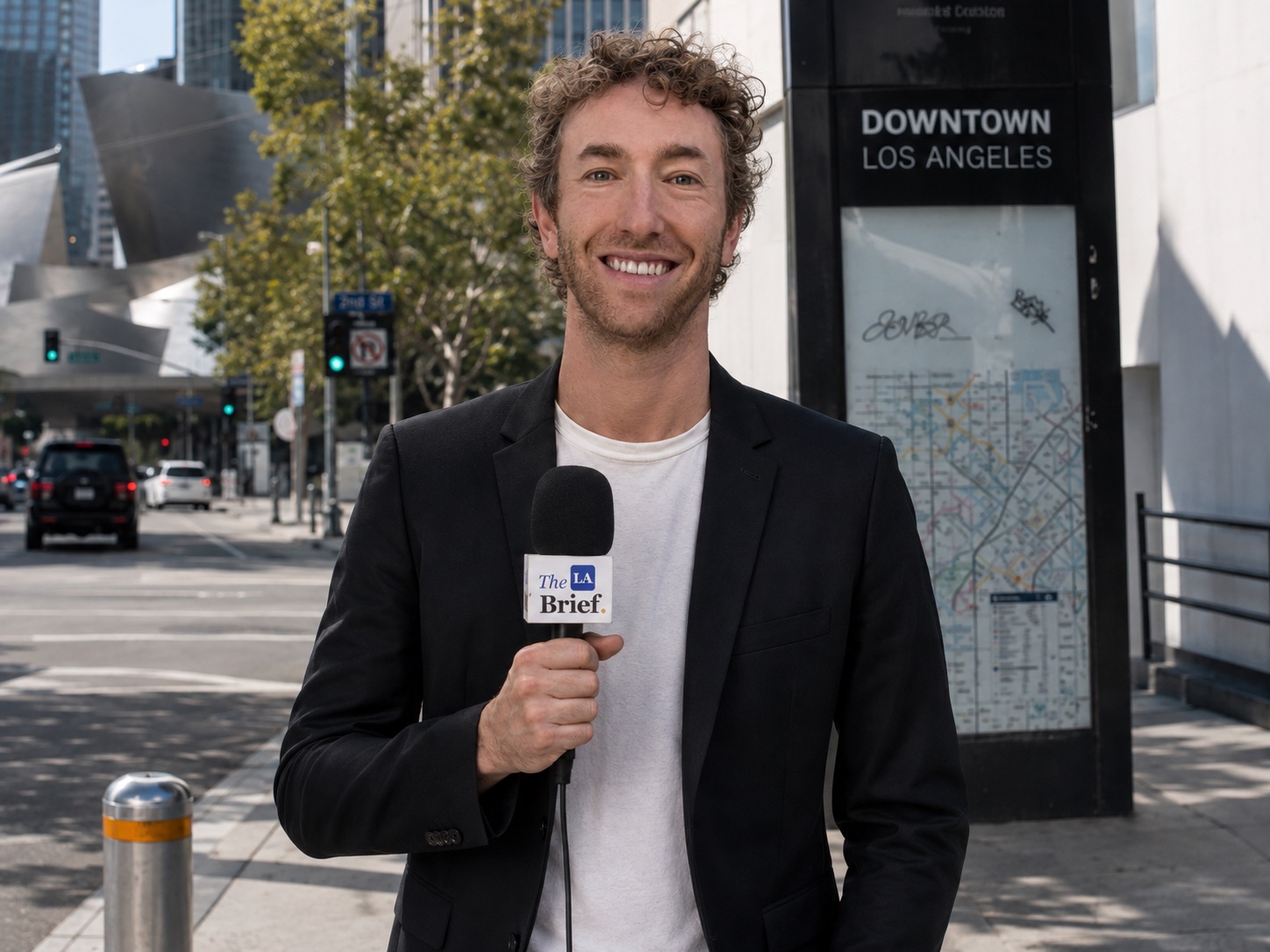 Robert Guicheteau holding a branded microphone in downtown Los Angeles
