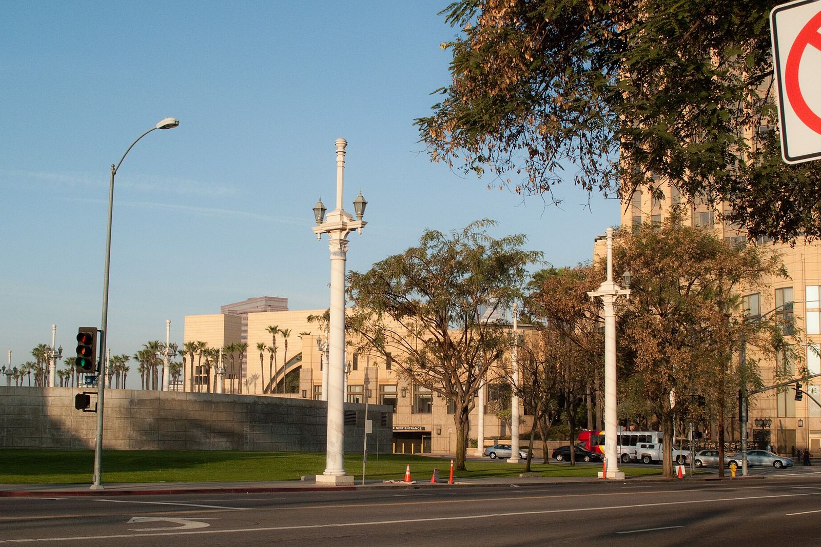 A row of street light poles on the plaza outside Union Station in Los Angeles